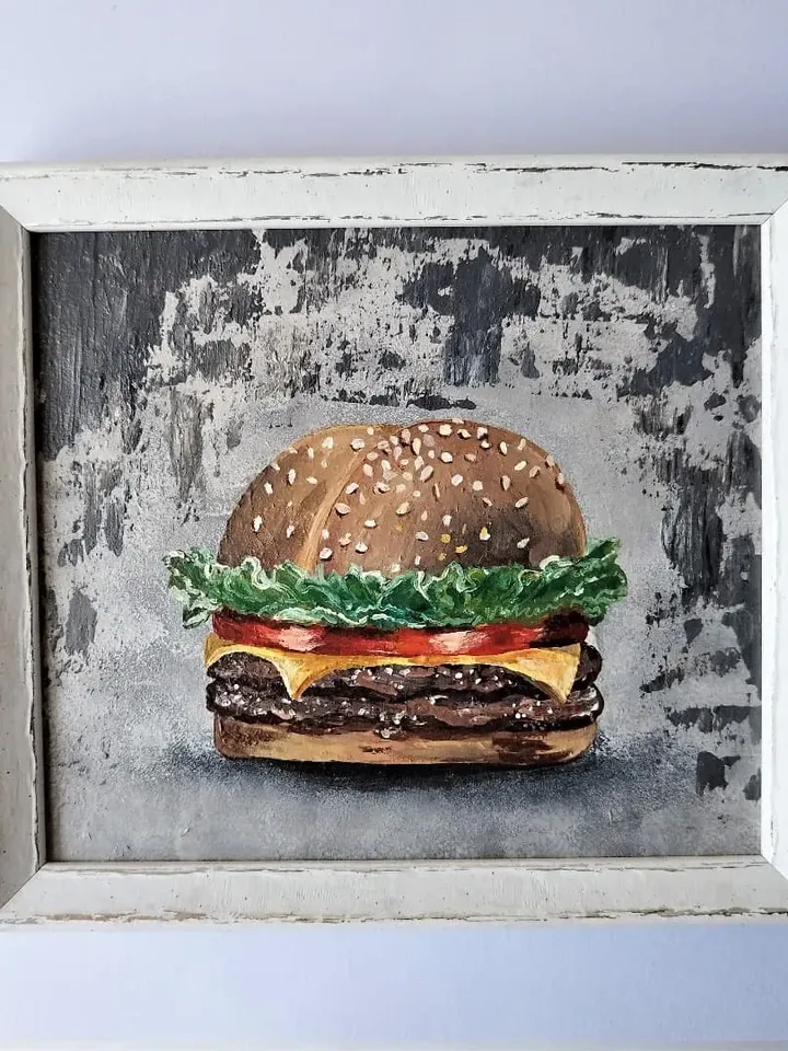 Cheeseburger original painting, Food wall art, Kitchen wall decoration