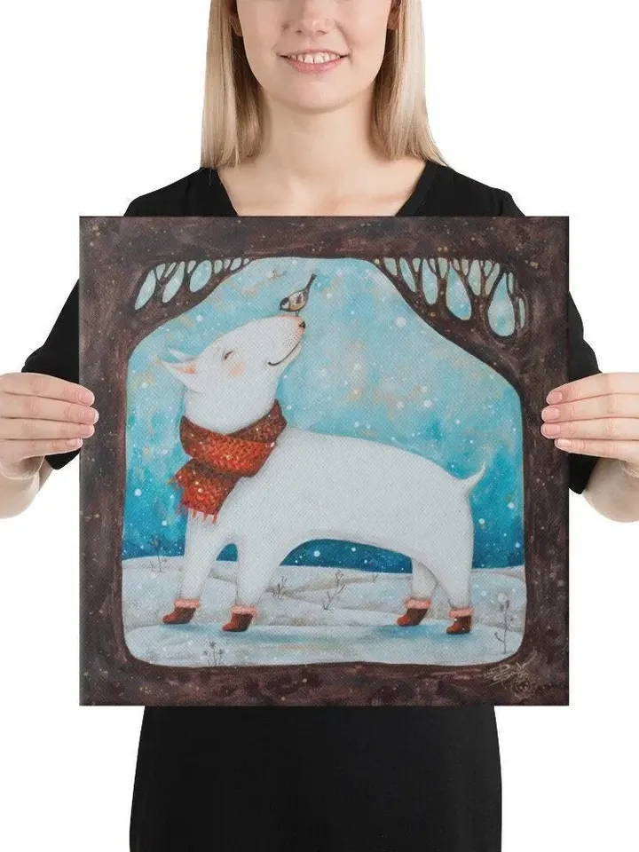 White bull terrier with red scarf in winter forest, fabulous original pet portrait, print on canvas from original work by Ukrainian artist