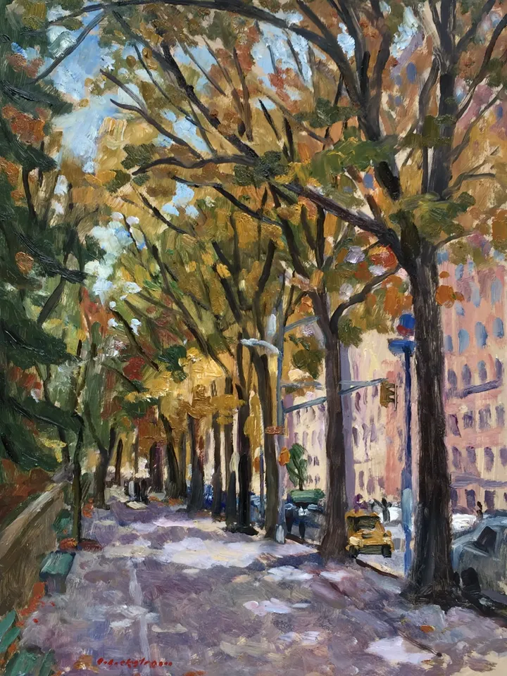 New York City Landscape Painting -Along Central Park West/NYC- 12x16 Oil on Panel, Plein Air Impressionist Cityscape, Signed Original