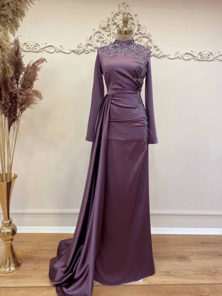Eda Purple Satin Embroidered Side-Tailed Wedding Dress, Muslim Evening Gown, Nikah, Islamic Wedding, Engagement, Bridesmaid, Maxi Dress