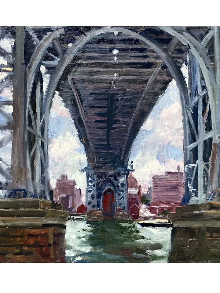 Original New York Cityscape Painting - Under the Williamsburg Bridge/NYC - 10x10 Oil on Panel, Signed Urban Impressionist Landscape