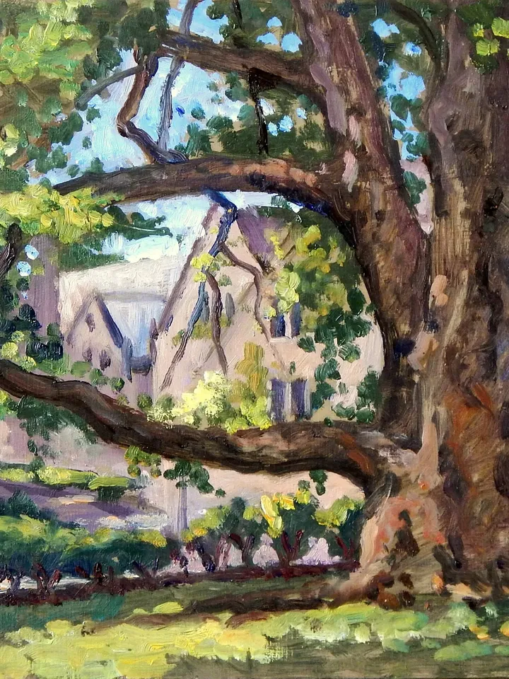 Bryn Mawr Landscape Painting - Old Tree at Rhoads/Bryn Mawr College- 9x16 Oil on Panel, Plein Air Impressionist Fine Art, Signed Original