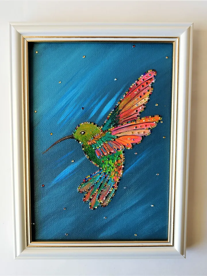 Hummingbird Painting Little Bird Original Painting with Crystals Hummingbird Wall Decor Impasto Painting Bird Art Canvas