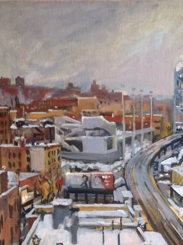 NYC Winter Landscape Painting - Snowy Rooftops/Inwood- 24x30 Oil on Linen, New York Snow Scene, Signed Original Impressionist Cityscape