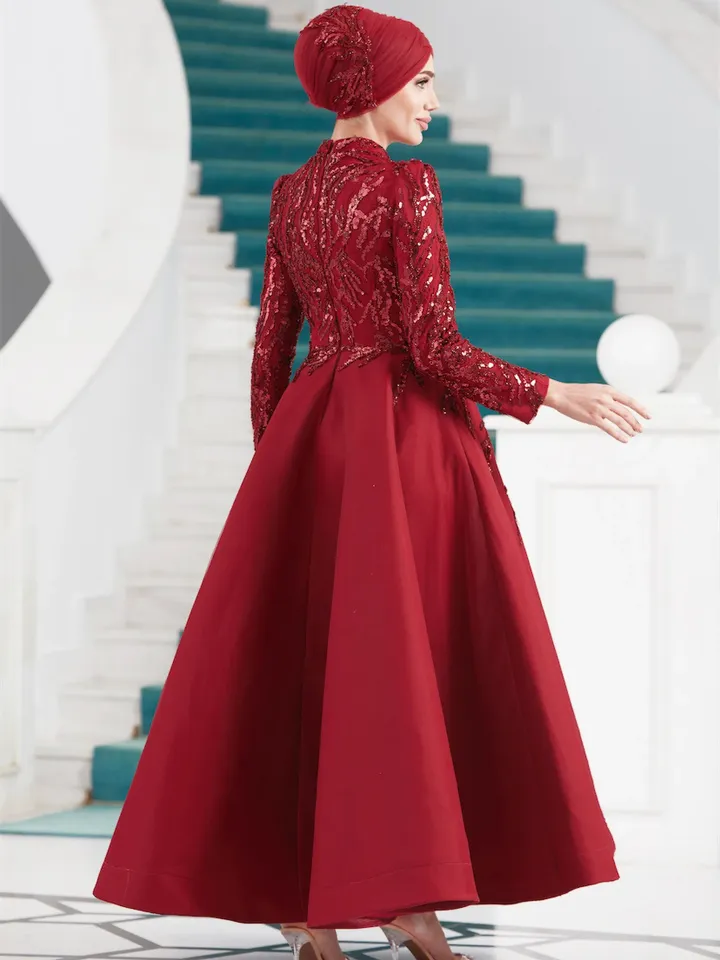 AHUNARE HIJAB - Yıldız Burgundy Embroidered Wedding Dress, Muslim Evening Gown, Nikah, Islamic Wedding, Engagement, Bridesmaid,