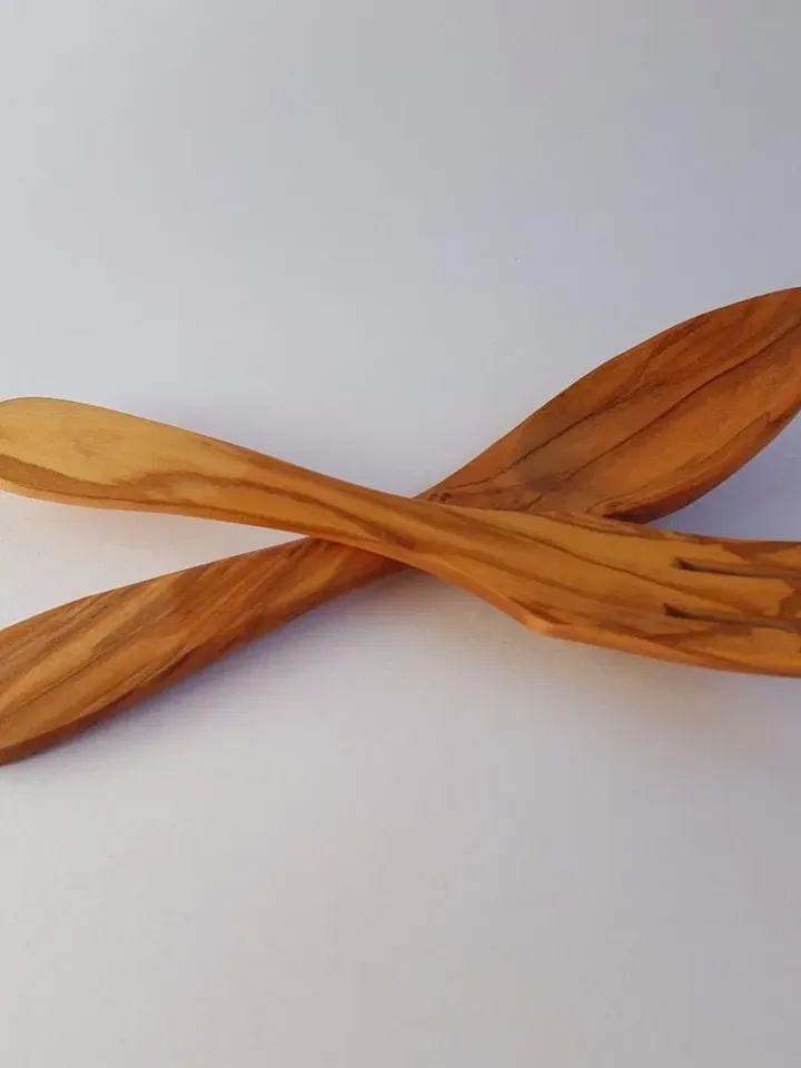 Olive Wood Curved Salad Server (Set of Spoon + Fork) - in 5 different sizes - Handmade in Albania - Cooking Tools
