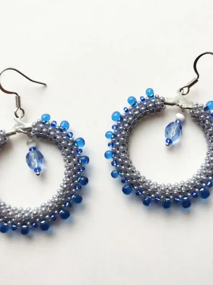 Ring earrings with blue beads drops large fashionable earrings
