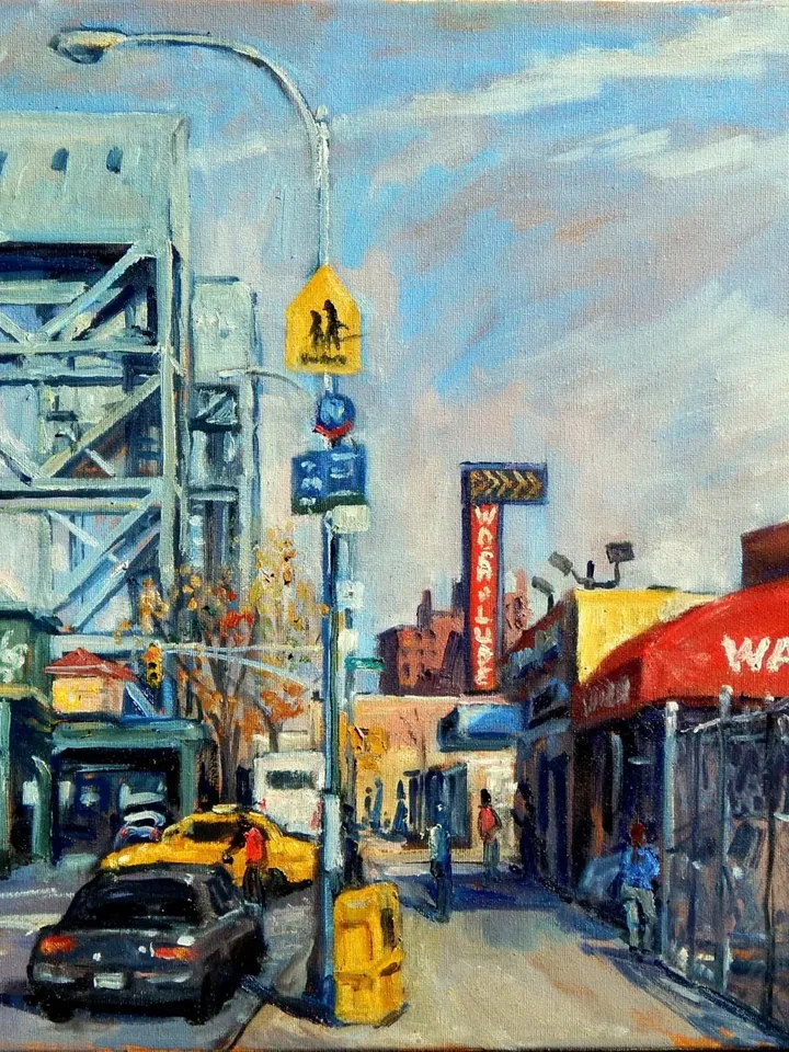 Original New York Cityscape Painting - Broadway Bridge Car Wash/Inwood NYC- 16x20 Oil on Canvas, Signed Original Impressionist Landscape