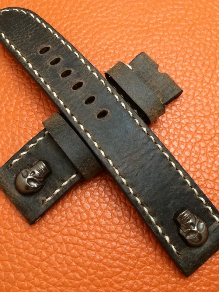 Genuine Leather Brown Watch Straps in 24mm, Skull Sterling Silver Stud, Mens Wristwatch Band 26mm, Watch Accessories, Personalise Gift Ideas