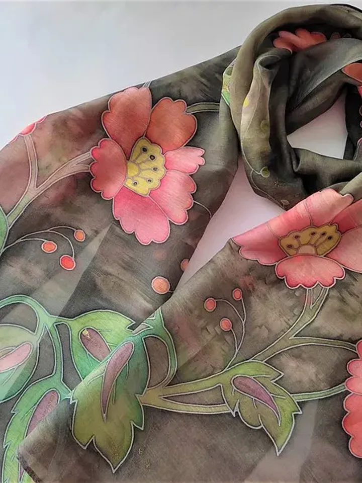 Pink and green scarf Hand painted scarf Floral scarves Cotton and silk scarf