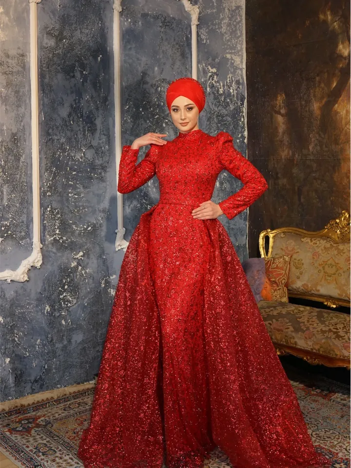 AHUNARE HIJAB - Versica Red Peplum Wedding Dress, Muslim Evening Gown, Nikah, Islamic Wedding, Engagement, Bridesmaid,