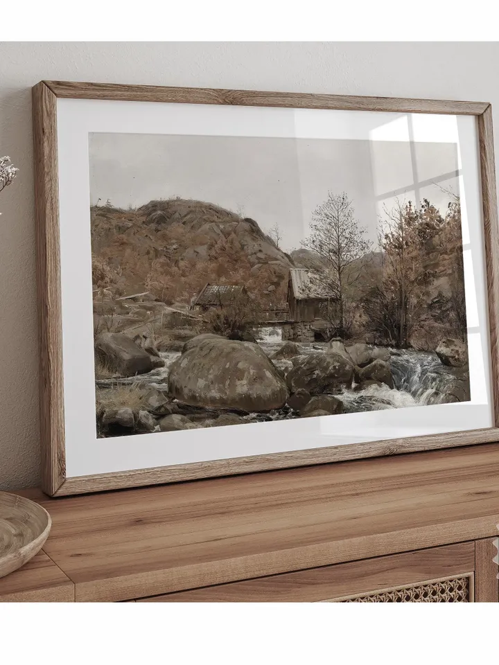 Antique Mountain River Oil Painting, Vintage Landscape Print, Downloadable Art, Printable Wall Decor | 280