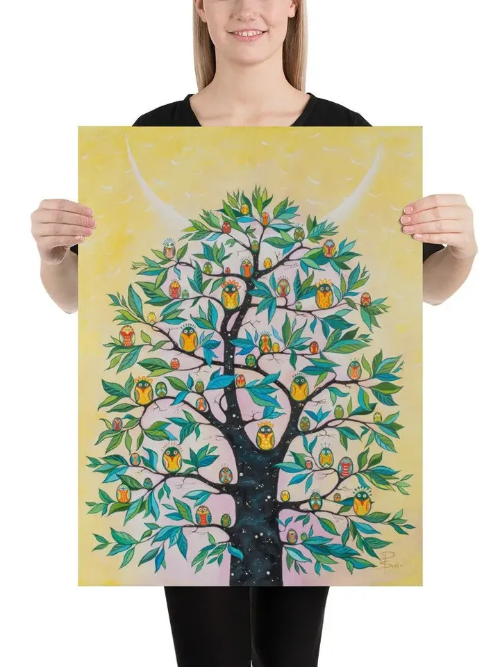 Magic Cosmic Tree, Lots of Birds on the Branches, Painting for Meditation, poster from the original work by Ukrainian artist A. Paranchenko