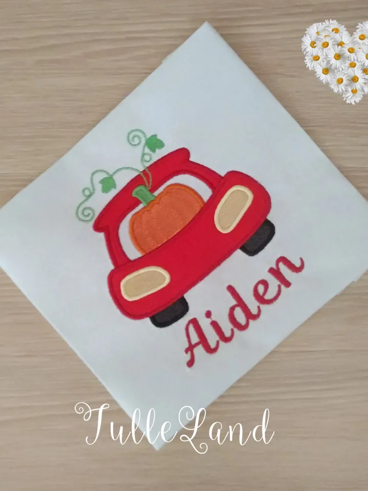 Halloween Red Truck with Pumpkin Machine embroidery applique design