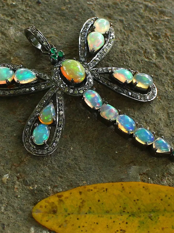Diamond Pendant, Ethiopian Opal Necklace, Dragonfly Pendant, Multi Stone Pendant, 925 Sterling Silver Necklace, Precious Stone Pendant