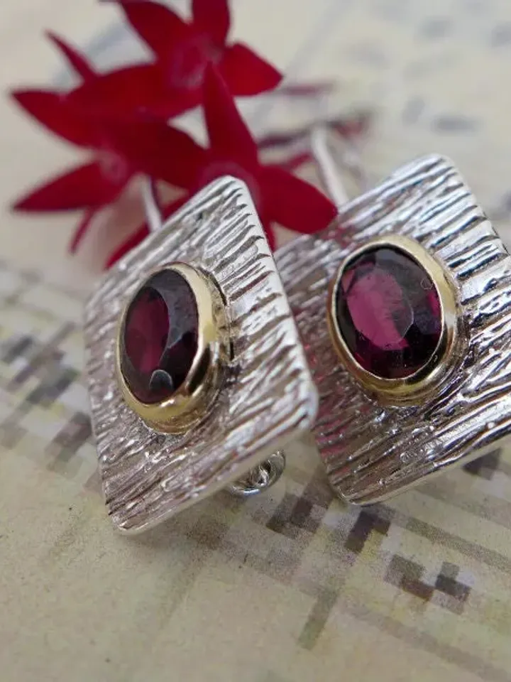 Textured Sterling Silver Earrings with Garnets Set in Gold