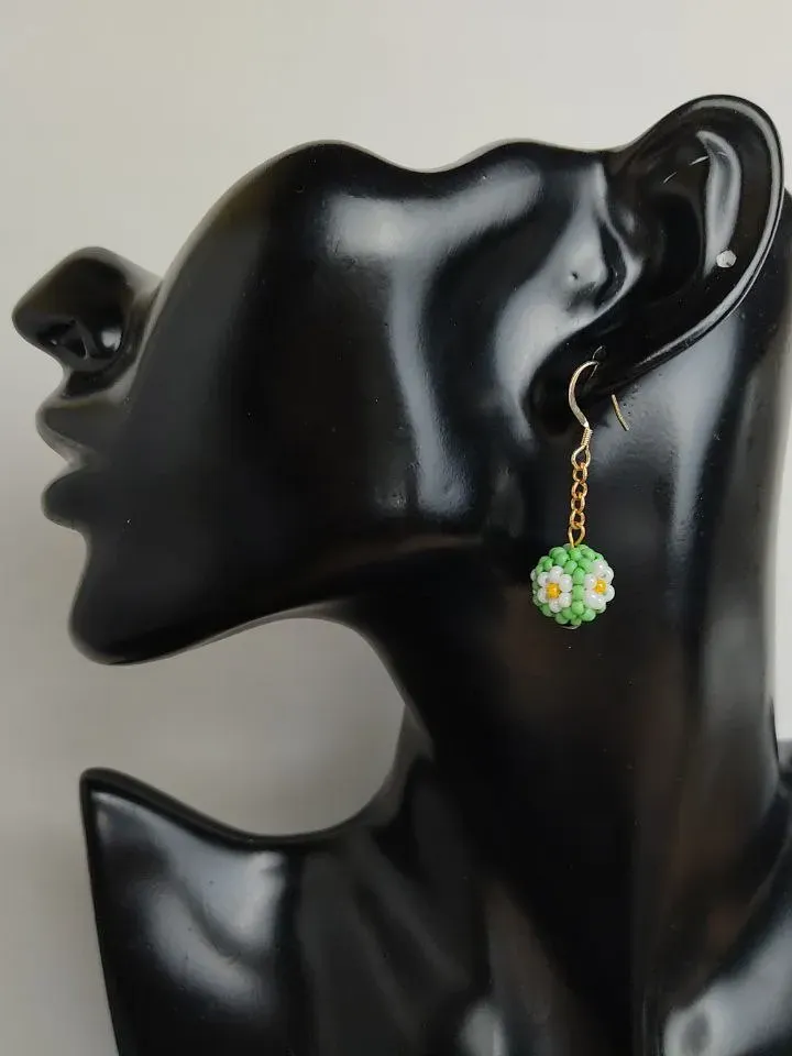 Green Ball Earrings Daisy earrings Little Daizy Tiny Earrings drop dangle earring balls on chain