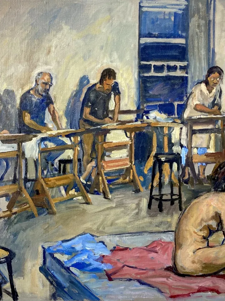 Large Interior Oil Painting -Night Session/Female Nude/Art Studio- 20x20 Oil on Canvas, Impressionist Fine Art, Signed American Original