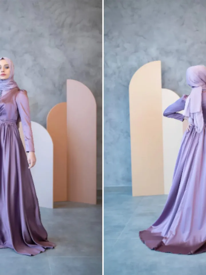 AHUNARE HIJAB - Lara Romantik  Lilac Satin Wedding Dress, Muslim Evening Gown, Nikah, Islamic Wedding, Engagement, Bridesmaid,