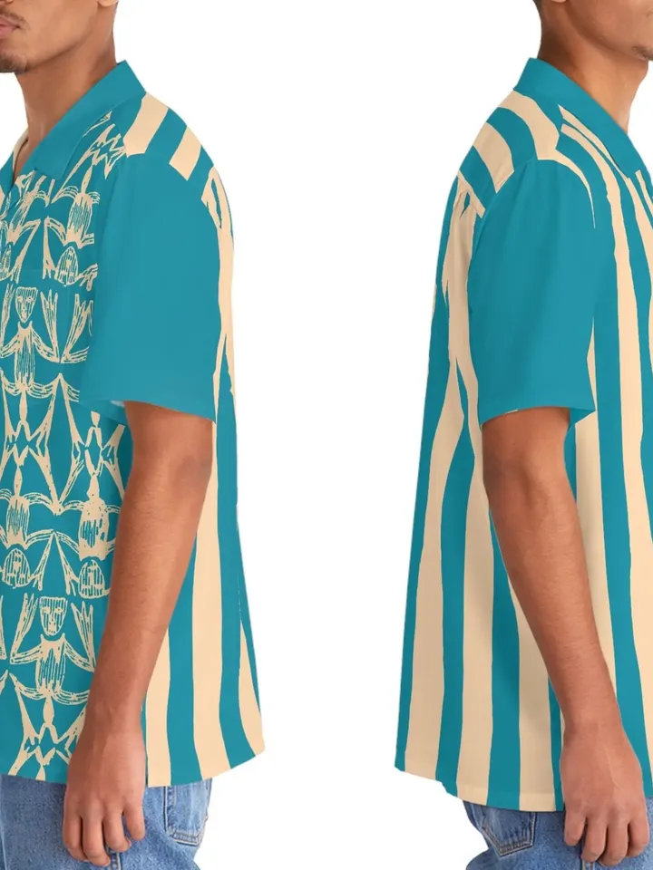 Tiki Stripe Hawaiian Shirt | Hawaii Tiki Button Shirt, Colorful Golf Shirt, Beach Wear for Christmas Vacation, Tropical Top, Tiki Mug Shirt