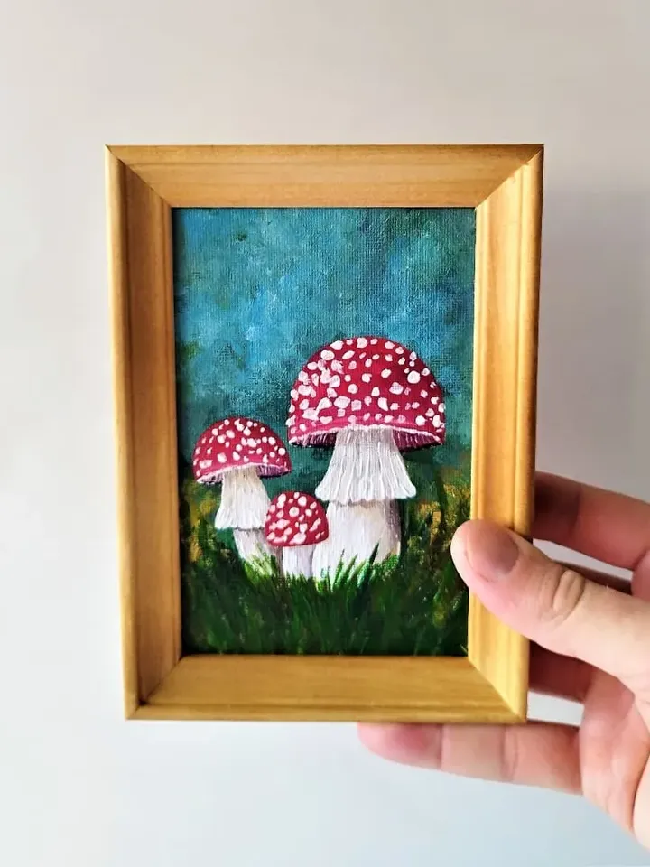 Realistic mushroom painting, Toadstool picture, 3 mushrooms, Impasto painting, Small wall decor