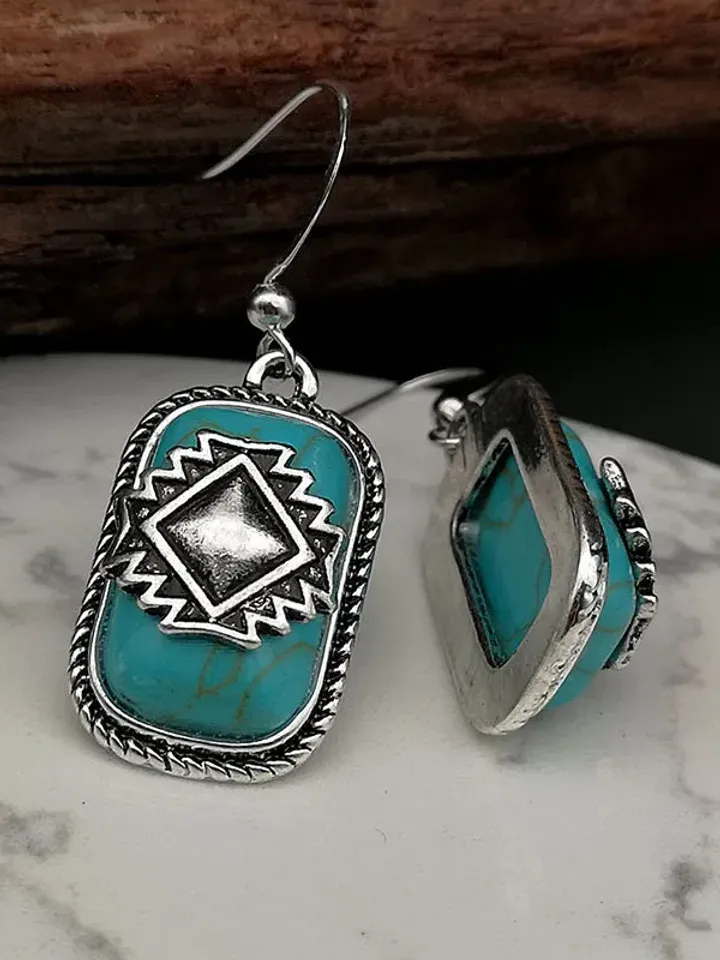 Blue Aztec Earrings, Blue Boho Ethnic Earrings, turquoise boho earrings, turquoise oblong aztec earrings, Turquoise Blue Aztec Boho Earrings