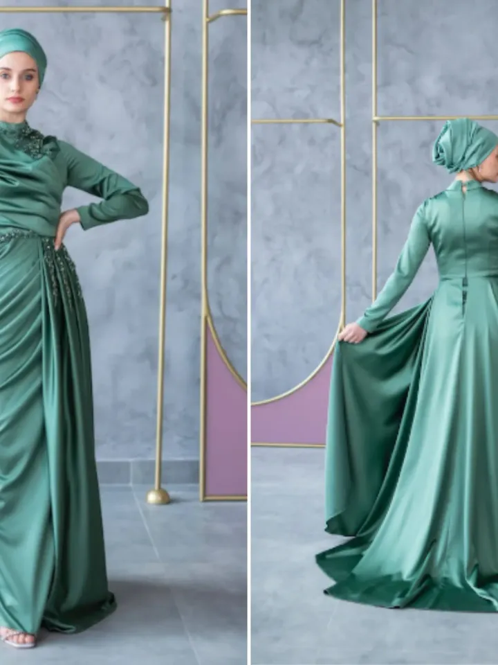 AHUNARE HIJAB - Mercan Mint Satin Tailed Embroidered Wedding Dress, Muslim Evening Gown, Nikah, Islamic Wedding, Engagement, Bridesmaid,