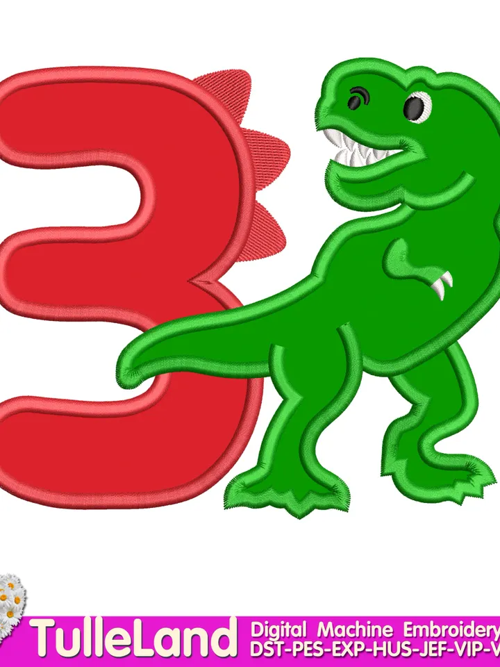 Three Rex Dino 3rd Birthday Tyrannosaurus Rex Dinosaur with numbers 3 Design applique for Machine Embroidery