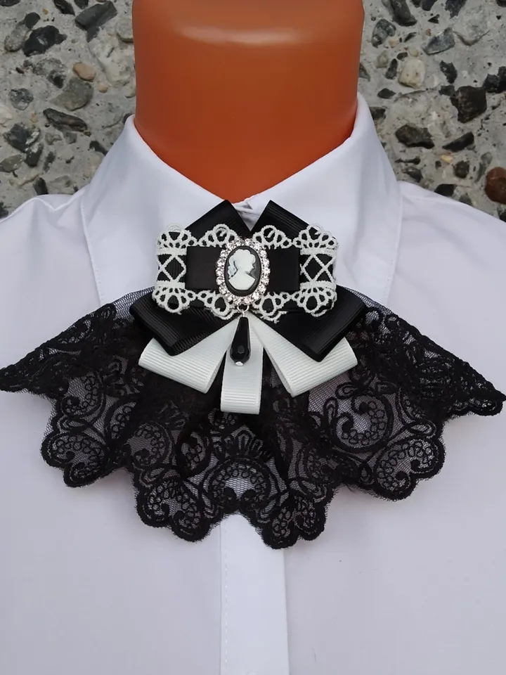Victorian goth jabot black white Bow tie brooch with cameo for women