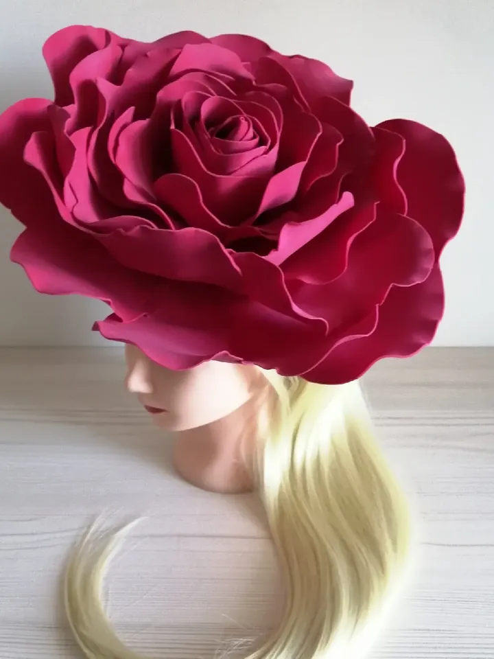 Big Rose Derby hat Wedding Fascinator 13" Bridal Headband crimson giant flowers Hair Clip Vintage hairpins