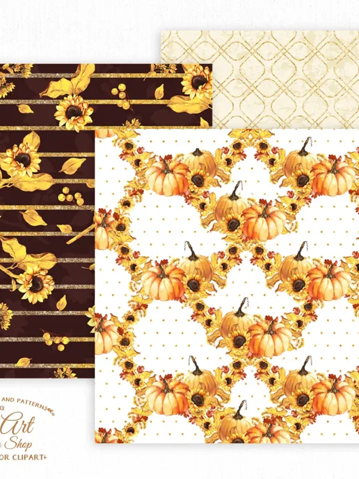 Digital paper pack. Watercolor sunflower and Pumpkin clipart digital backgrounds