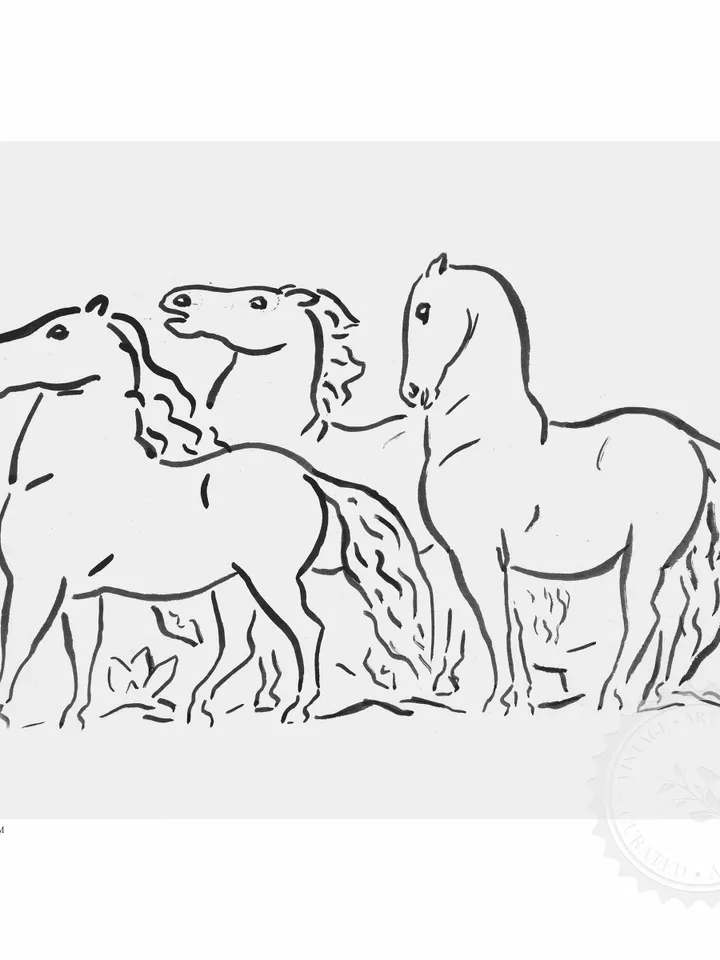 Minimalist Three Horses Drawing, Vintage Sketch Art Printable Farmhouse Decor, Digital Download | 357