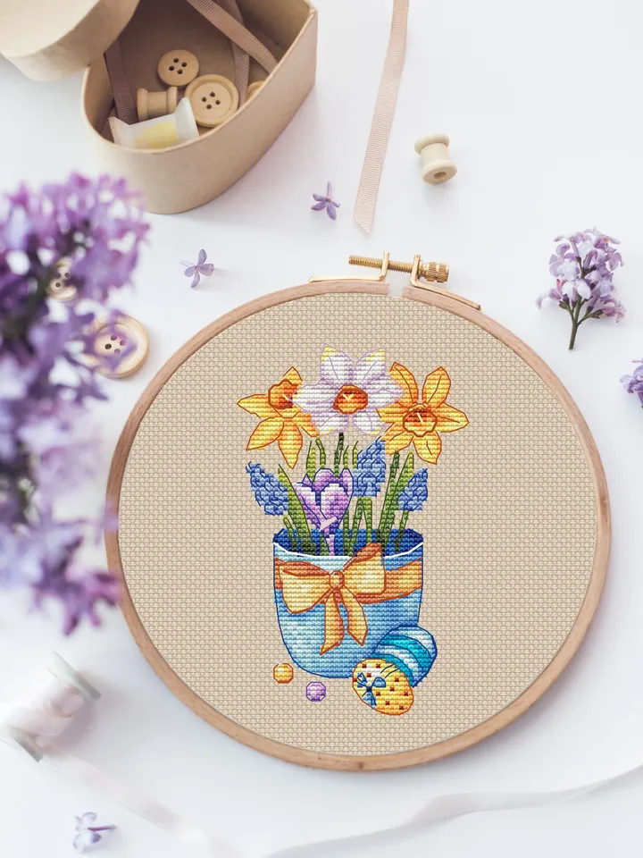 Easter Cross Stitch Pattern PDF, Bouquet Cross Stitch Embroidery Pattern, DMC Cross Stitch Chart Pattern Embroidery