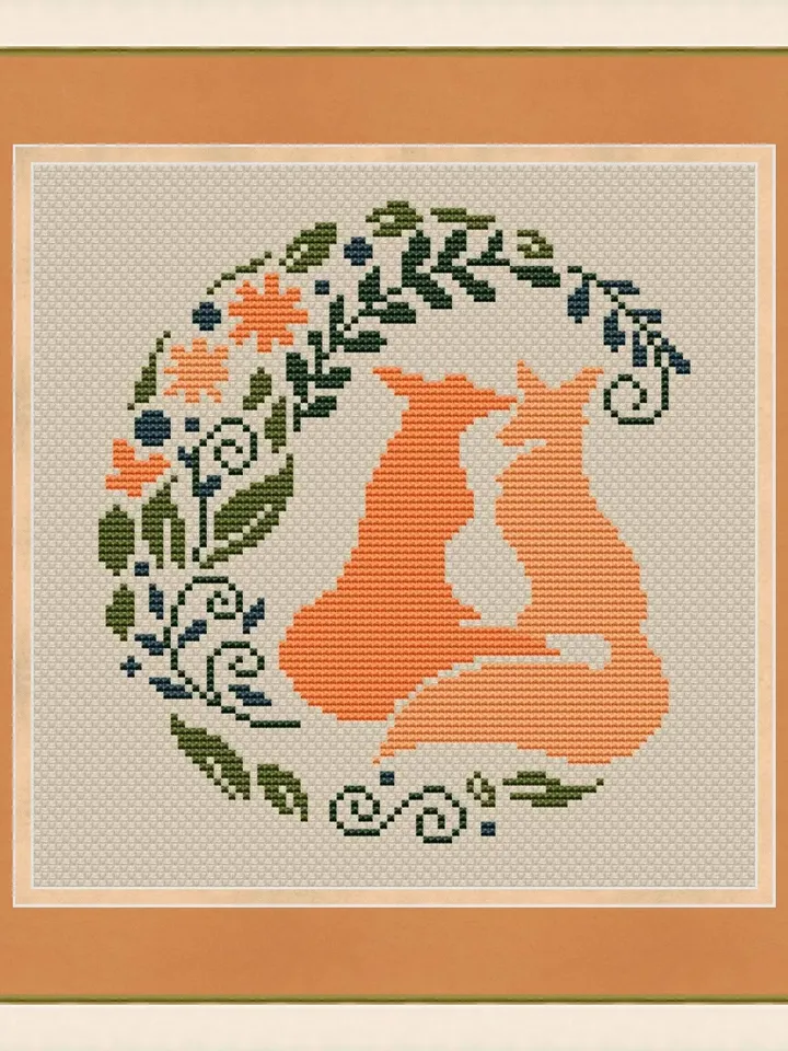 Fox Cross Stitch Pattern Modern, Foxes Cross stitch pattern PDF, Silhouette of foxes with leaf ornament