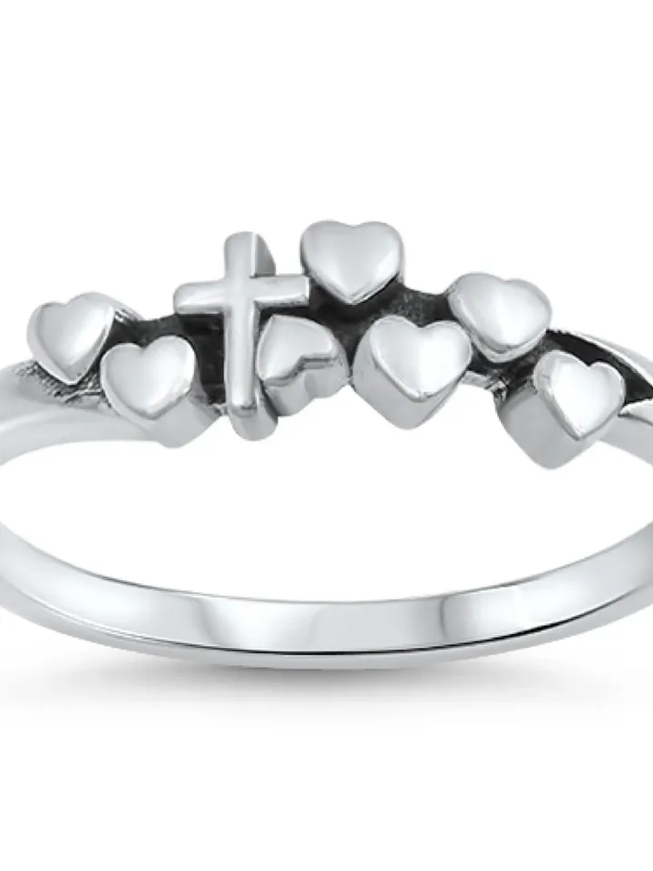 Sterling Silver Heart Cross Ring, Catholic Ring, Christian Ring, First Communion Gift, Confirmation Gift, Religious Ring