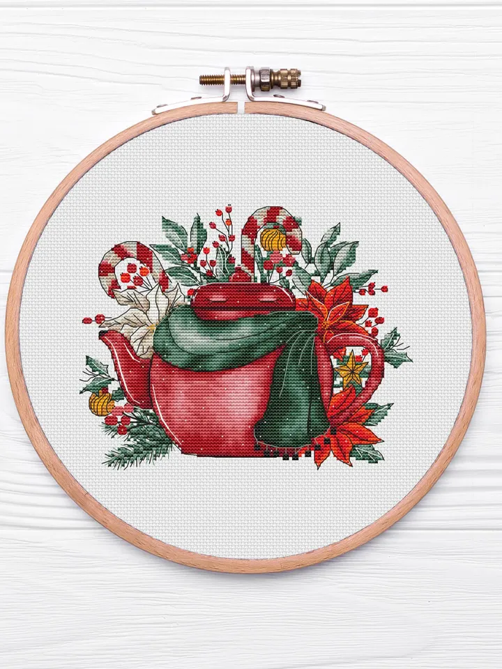 Christmas Teapot Cross Stitch Pattern, Christmas Cross Stitch Pattern, Winter Counted Cross Stitch, Christmas Embroidery Digital Pattern