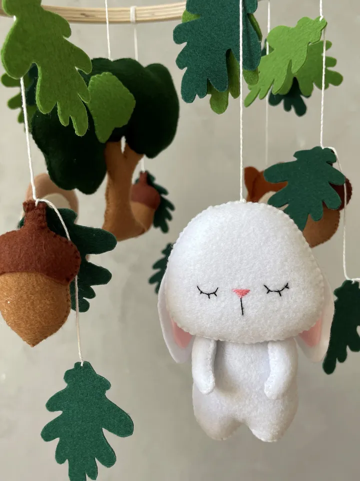 Woodland mobile baby nursery decor. Bunny dear fox mobile. Forest animals neutral baby mobile. Hanging crib mobile