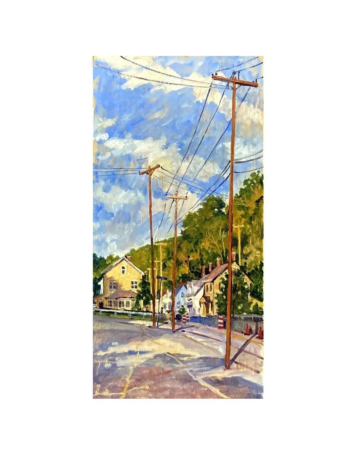 Original Landscape Painting - Houses and Poles/September - 12x24 Oil on Panel, American Impressionist Plein Air Oil, Original Fine Art