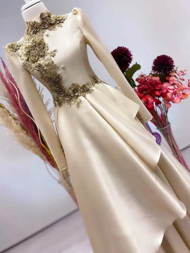 AHUNARE HIJAB - İnci  Gold Embroidered Wedding Dress, Muslim Evening Gown, Nikah, Islamic Wedding, Engagement, Bridesmaid,