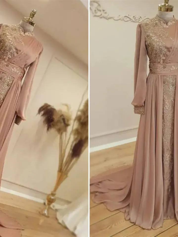 AHUNARE HIJAB - Elit Powder Chiffon Tailed Wedding Dress, Muslim Evening Gown, Nikah, Islamic Wedding, Engagement, Bridesmaid,