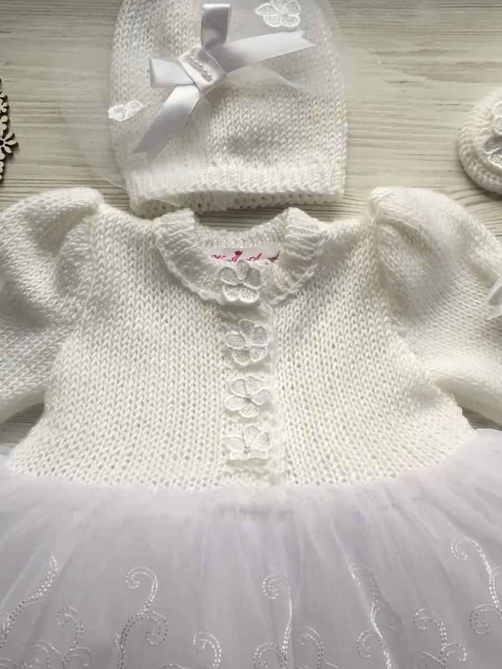 Christening gown for girl.Baptism outfit for girl. Knitting baptism gown. Tutu dress. White outfit for christening.Take home outfit for girl