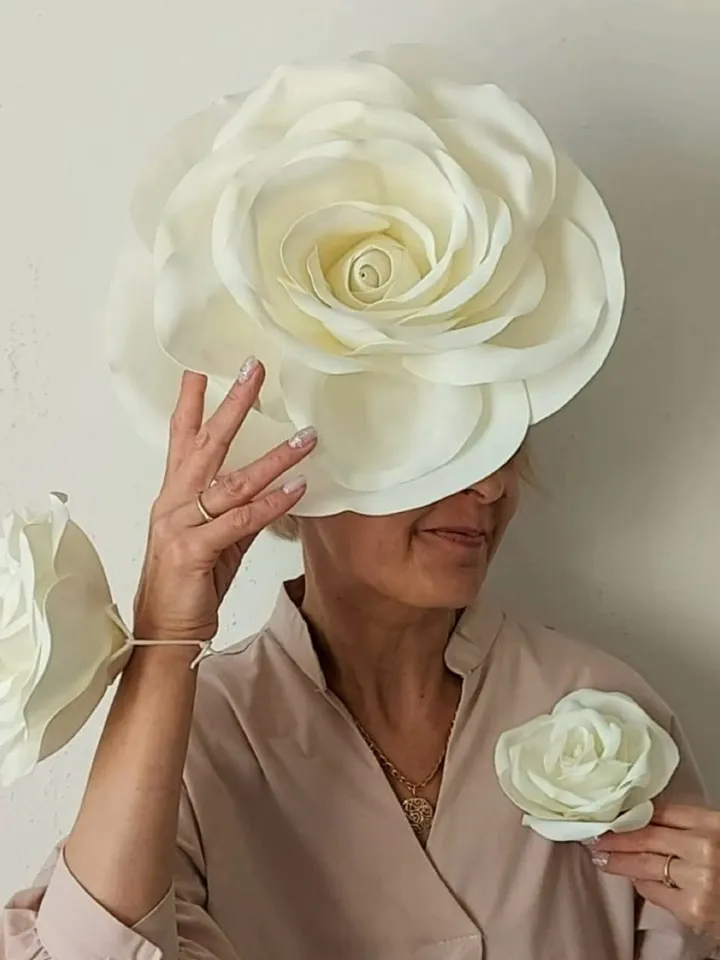 Large roses fascinator, wedding set of 3 white roses: headband, bracelet, brooch, bridesmaids in one style, Big flowers hair pin