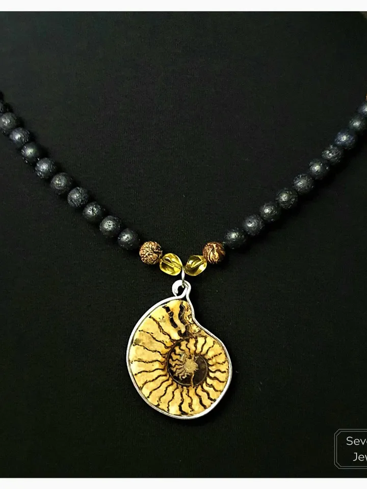 Lava Rock Necklace, Fossil Pendant, Tibetan Agate Gemstone, Citrine Beads, Gift For Bestfriend, Boho Jewellery, Gift for Men, Women, Boy