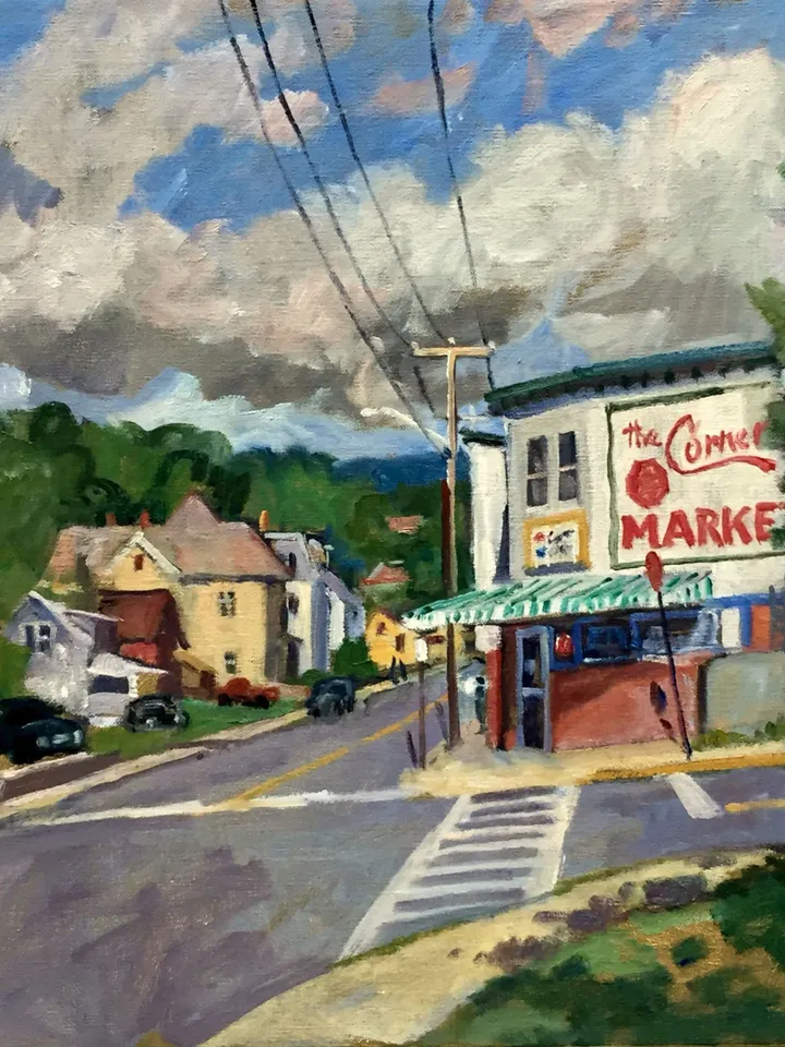 American Landscape Painting - The Corner Market - 18x18 Oil on Linen, Plein Air Impressionist Cityscape, Signed Original Fine Art