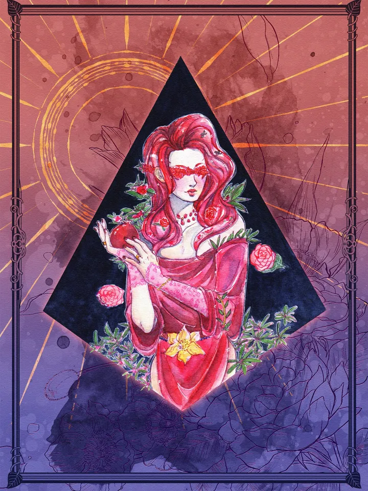 Poster Mixed Media - Aquarell | Persephone | Poster Griechische Mythologie | Greek Goddess | A4 Größe (210 x 297mm, 8,3 x 11,7 Zoll)