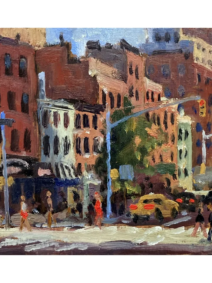 Small Original New York Cityscape Painting -Down 9th Ave/Chelsea/NYC- 4x4 Oil on Panel, New York Urban Impressionist Landscape