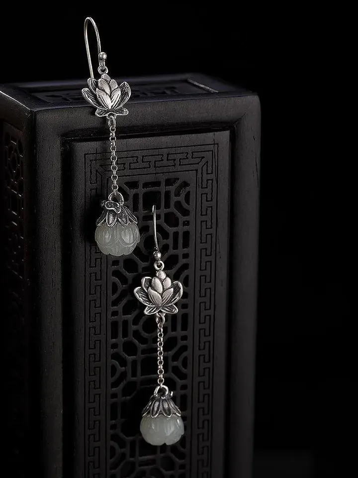lotus flower earrings, jade lotus earrings, silver lotus earrings, lotus earrings dangle, balinese earrings, silver flower dangle earrings