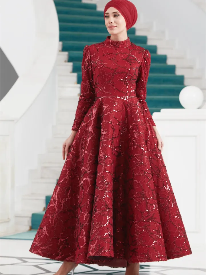 AHUNARE HIJAB - Salkım Burgundy Embroidered Wedding Dress, Muslim Evening Gown, Nikah, Islamic Wedding, Engagement, Bridesmaid,