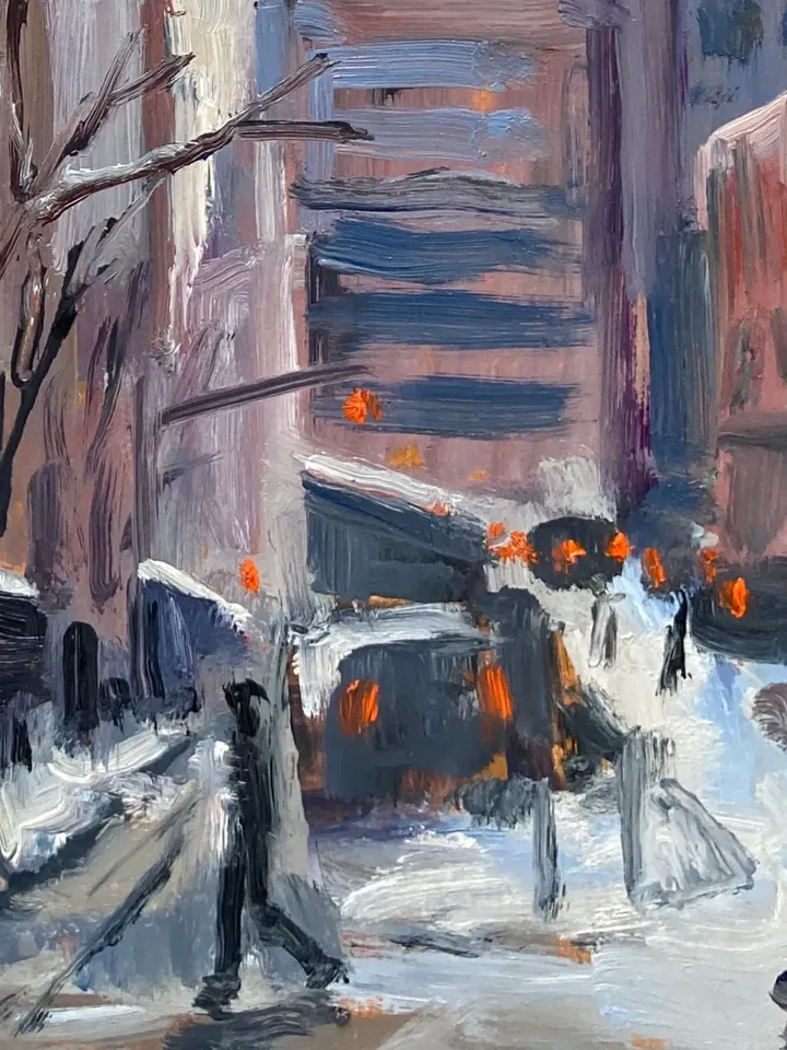 Original East Village Cityscape - Snow on 2nd Avenue/NYC- 8x10 Oil on Panel, New York Winter Impressionist Landscape, Signed Original