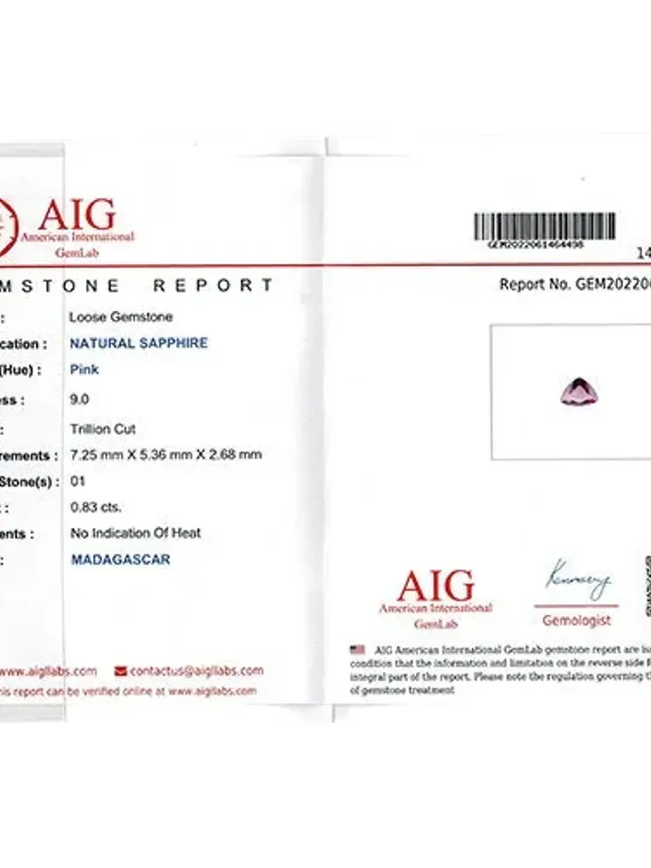 0.83 CT AIG Certified Superb Unheated 100% Natural Pink Sapphire Madagascar